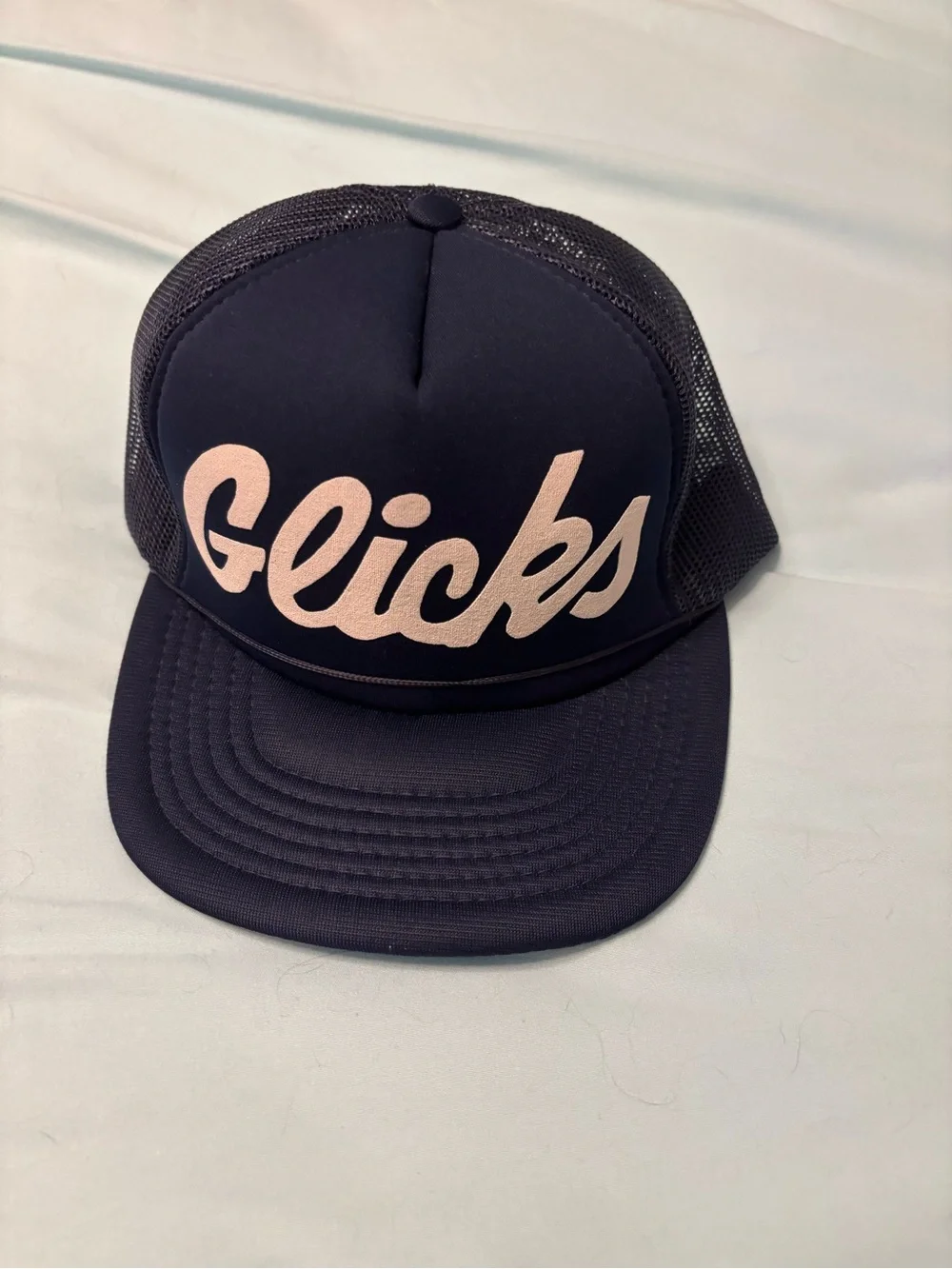 Navy Trucker Hat with Pink Script